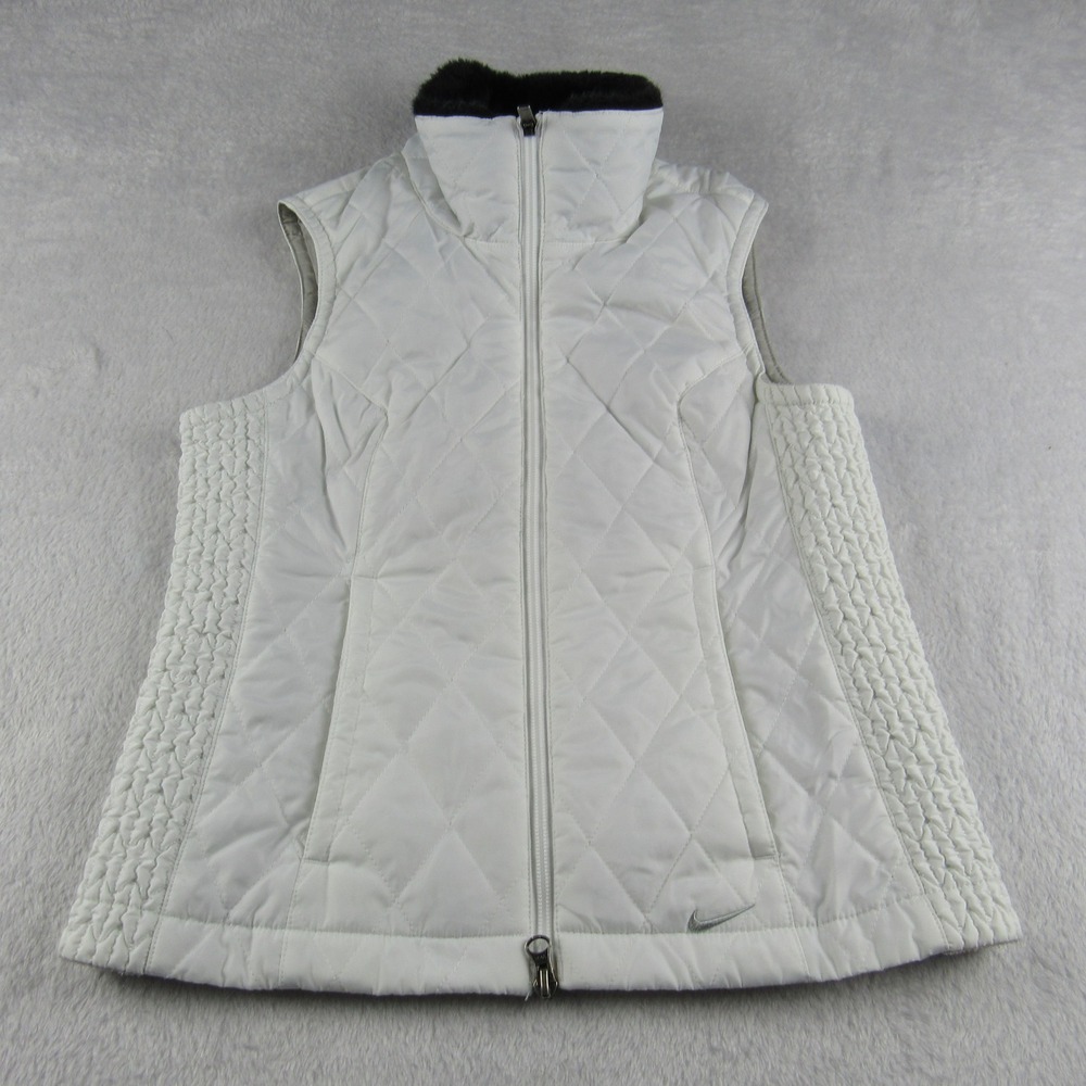 Nike Quilted Puffer Vest Womens XS White Faux Fur Collar Zip Up